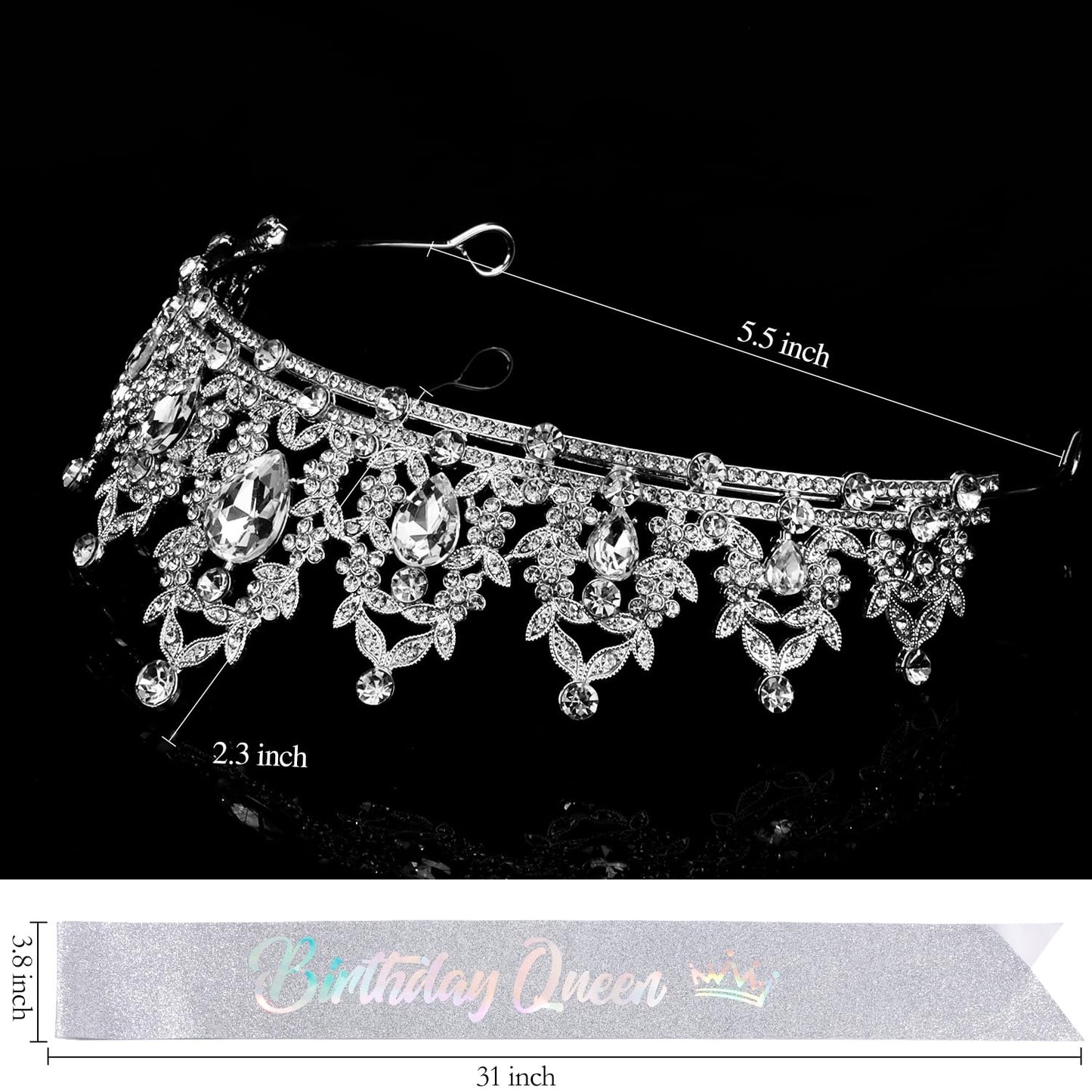 Atoden Birthday Crown and Birthday Queen Sash Silver Tiara Birthday Girl Crystal Crown Princess Birthday Party Decorations Rhinestone Happy Birthday Accessories for Party Birthday Gifts