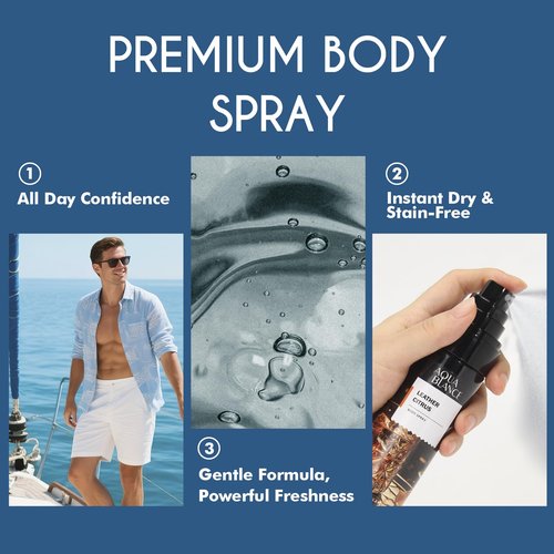 AQUA BLANCE Body Spray for Men, Mens Body Refreshing Spray, Long Lasting, Pack of 3, Each 3.4 Fl Oz, Total 10.2 Fl Oz, Ironwood Spice, Sailor' s Essence, Leather Citrus