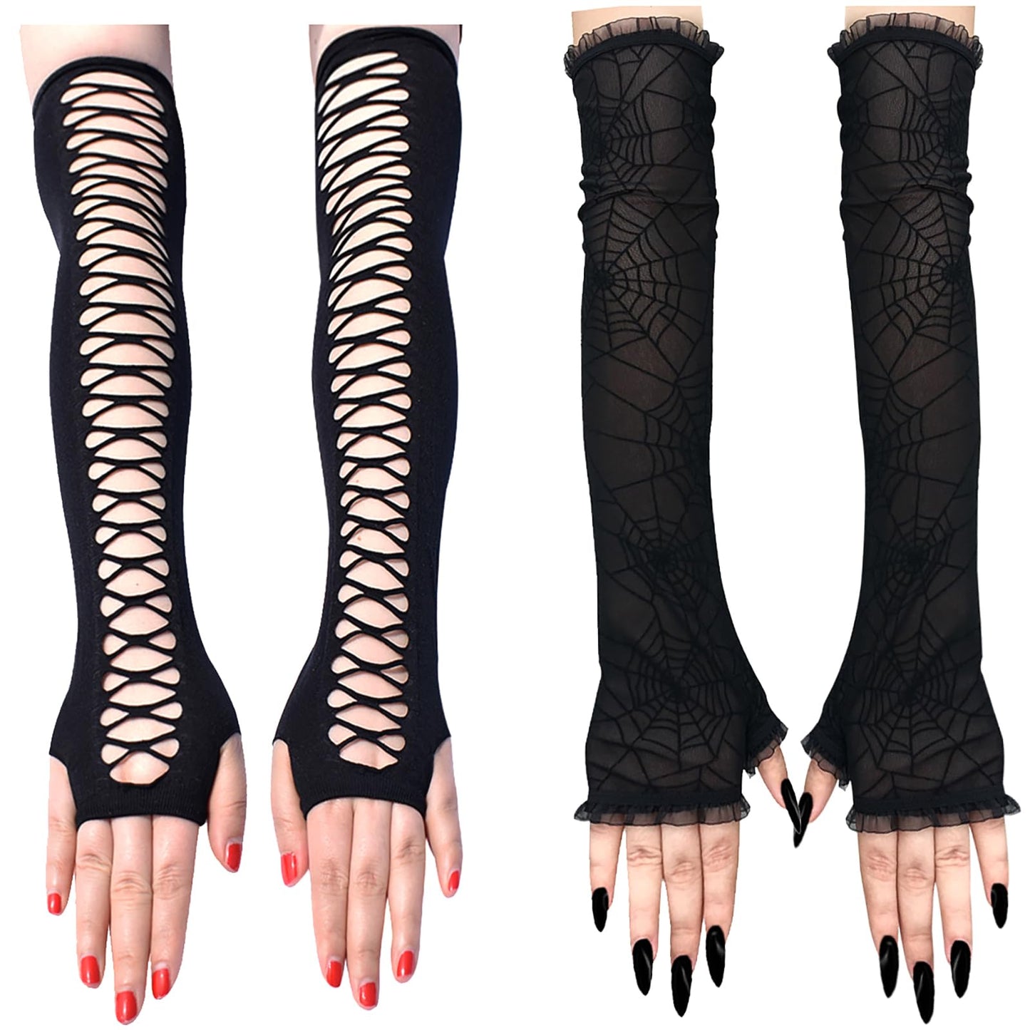 Malaxlx 2 Pairs Womens Halloween Spider Web Lace Gloves Elbow Length Fingerless Glove Goth Steampunk Cosplay Cutout Gloves for Halloween Costume Party