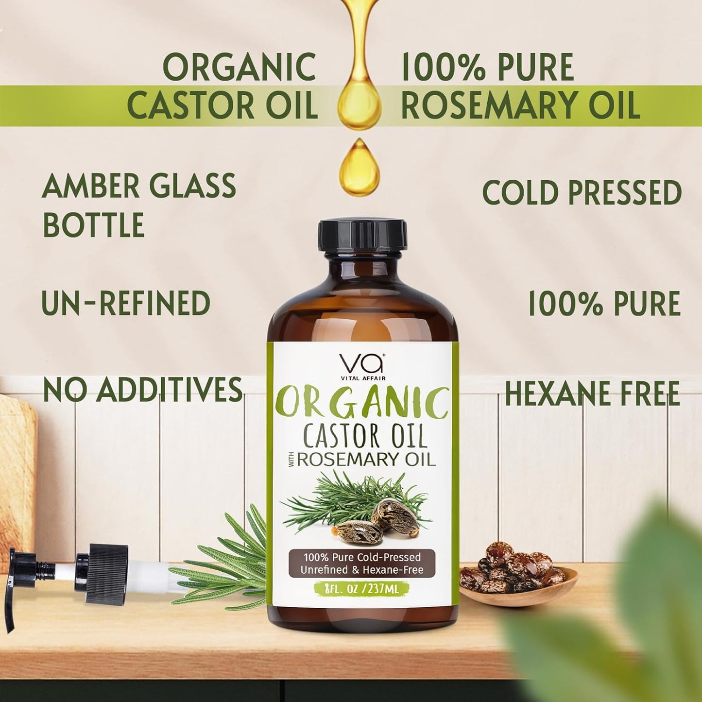 VITAL AFFAIR Organic Castor Oil - 100% Pure Rosemary Hair Growth Oil in 8 Fl Oz Glass Bottle | Strengthens & Volumizes