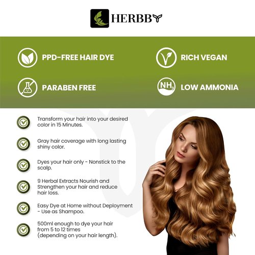 HERBBY Hair Color Shampoo - Gray Coverage & Color Transformation with 9 Herbal Extracts | Long-Lasting Shine, 500ml (Wild Honey)