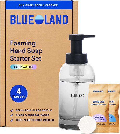 BLUELAND Hand Soap Starter Set - Refillable Glass Foaming Dispenser in Slate with 4 Scented Tablets | 9 Fl Oz Each
