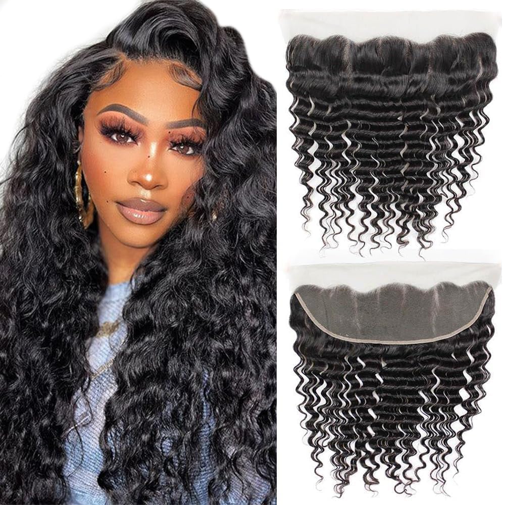 QTHAIR 14A Brazilian Virgin Hair Deep Wave Human Hair Transparent HD Lace Frontal Closure(10" 13x4 Frontal,Natural Black) 100% Ear to Ear Swiss Lace Deep Wave Frontal Brazilian Deep Wave Hair