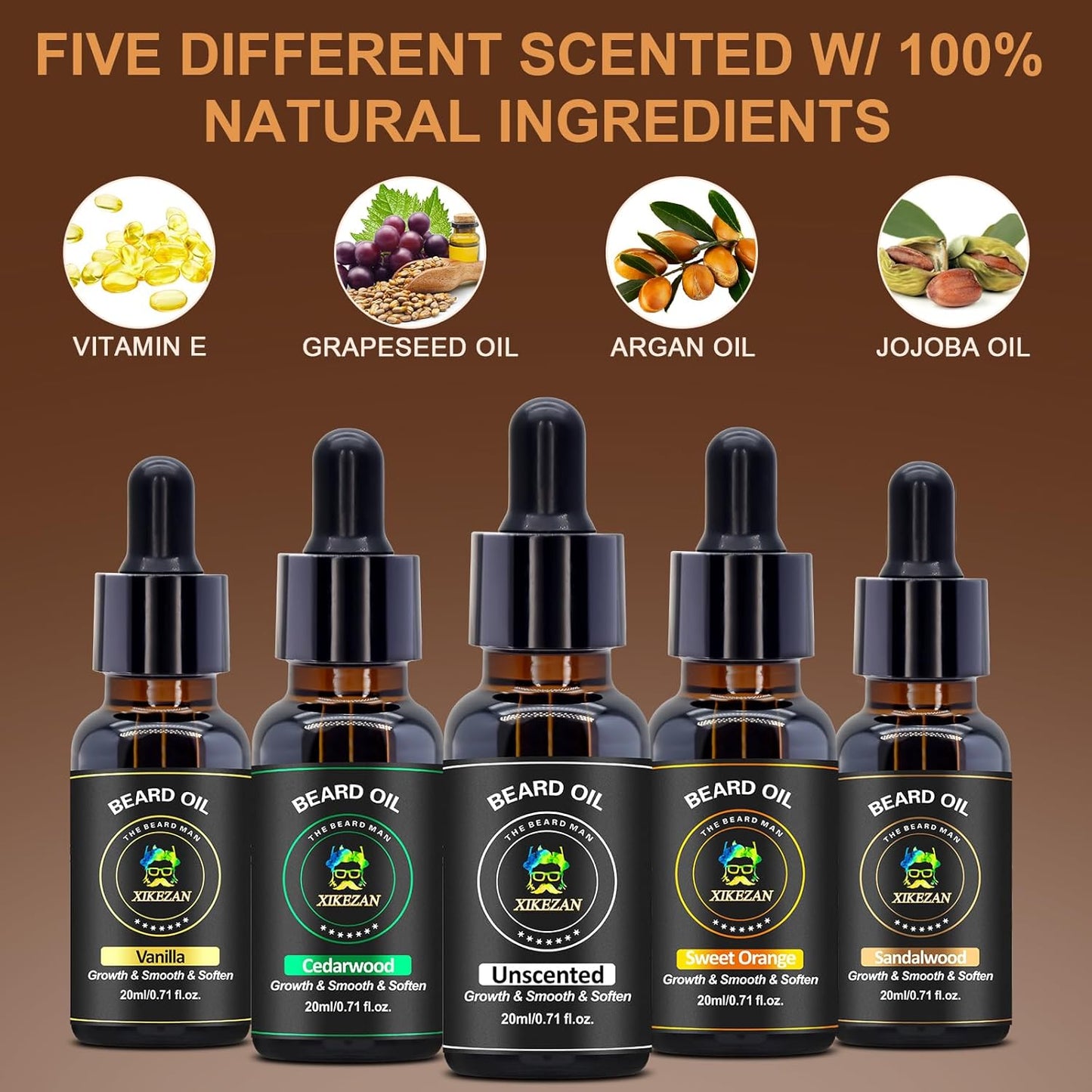 XIKEZAN Beard Oil Set - 5 Pack with Sandalwood, Orange, Vanilla & Cedarwood | Moisturizing Gift for Men