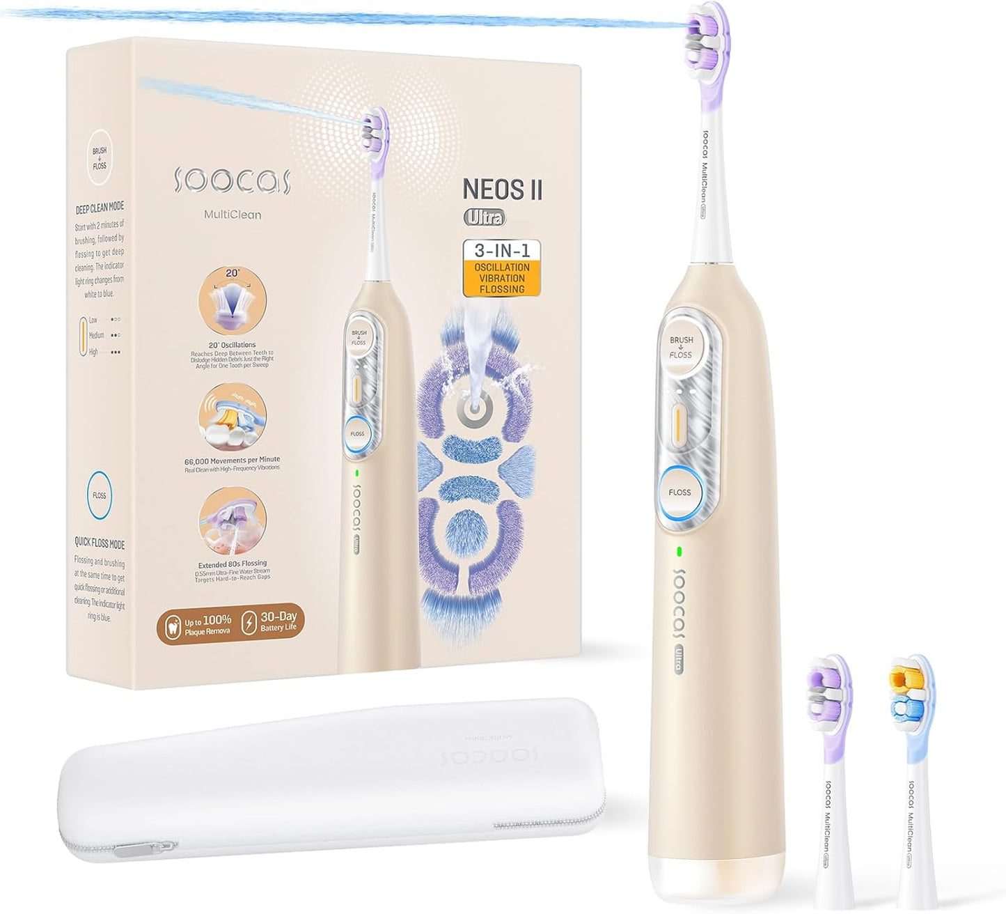 Soocas NEOS II Ultra Electric Toothbrush - 3-in-1 Flossing & Water Flosser Combo, Champagne Gold