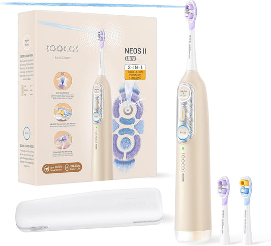 Soocas NEOS II Ultra Electric Toothbrush - 3-in-1 Flossing & Water Flosser Combo, Champagne Gold