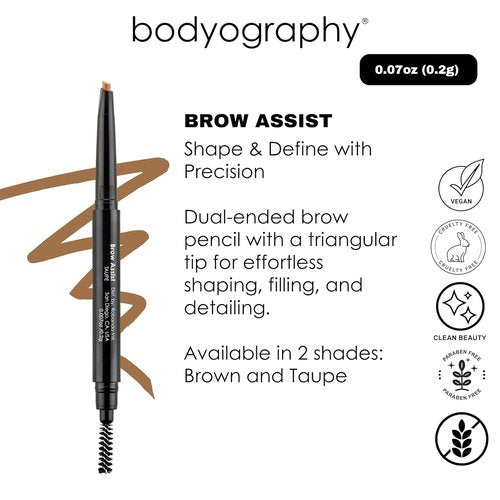 Bodyography Brow Assist - Brown Triangular Tip Eyebrow Pencil with Built-In Spoolie | Defines & Shapes Brows | Vegan Formula with Castor & Coconut Oil