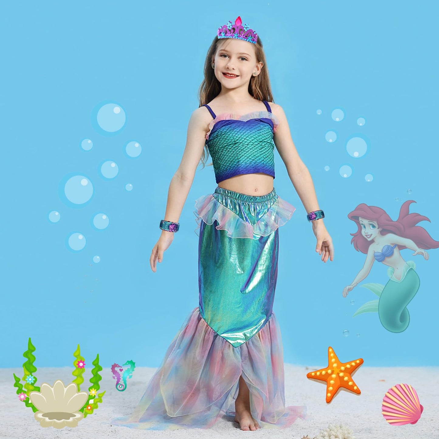 Vegove Girl's Little Mermaid Outfits 2 Pieces Suspender Skirts, Mermaid Crown Sequin Slap Bracelets & Pouch Halloween Costume (Purple, 4-5 Years Old)