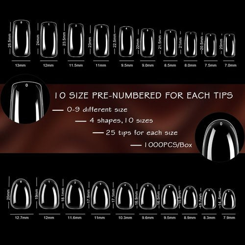 ELLEWIN 1000PCS Nail Tips Clear False Nails Full Cover for Acrylic Nails Kit 10 Sizes 4 Shapes Long Almond Square Coffin Oval Pre-Shape for Salon Home DIY Gifts
