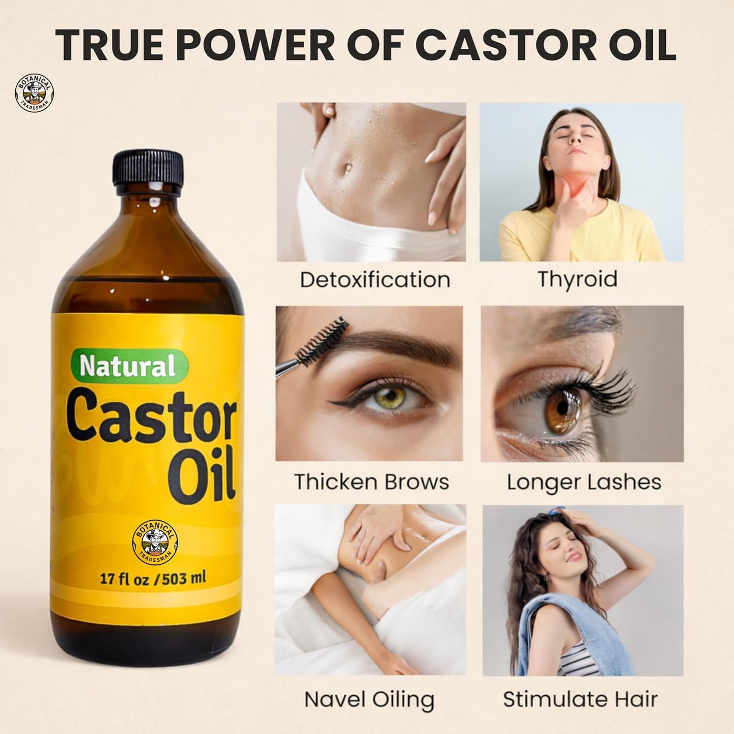Skiennix Organic Castor Oil Kit - 100% Pure Cold Pressed, Hexane Free | 17oz Glass Bottle with 2 Reusable Cotton Flannel Wraps & Mascara Wand for Eyelashes, Eyebrows, Skin Care