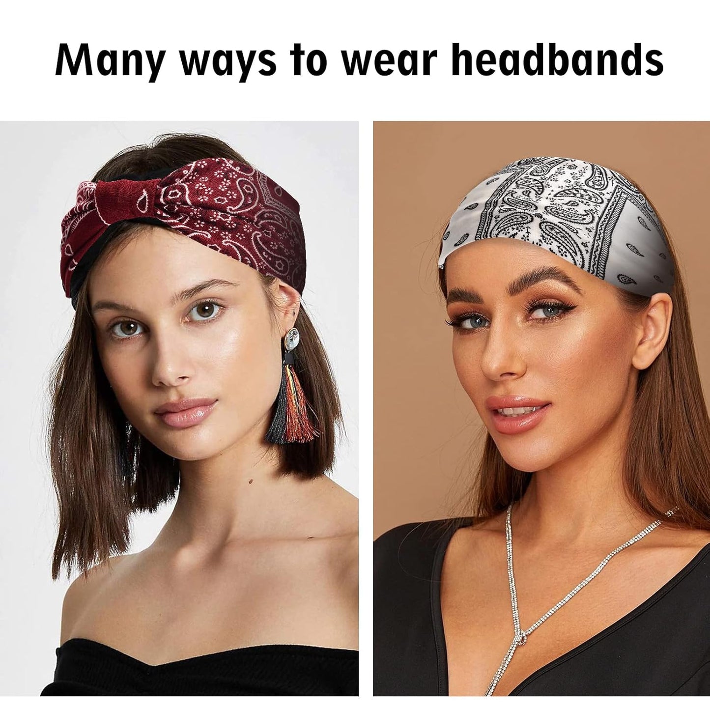Yeshan Women's Wide Boho Knotted Non-Slip Turban Headwraps - Stretchy Bandeau Hair Bands for Sports, Yoga, Workouts, Pack of 8