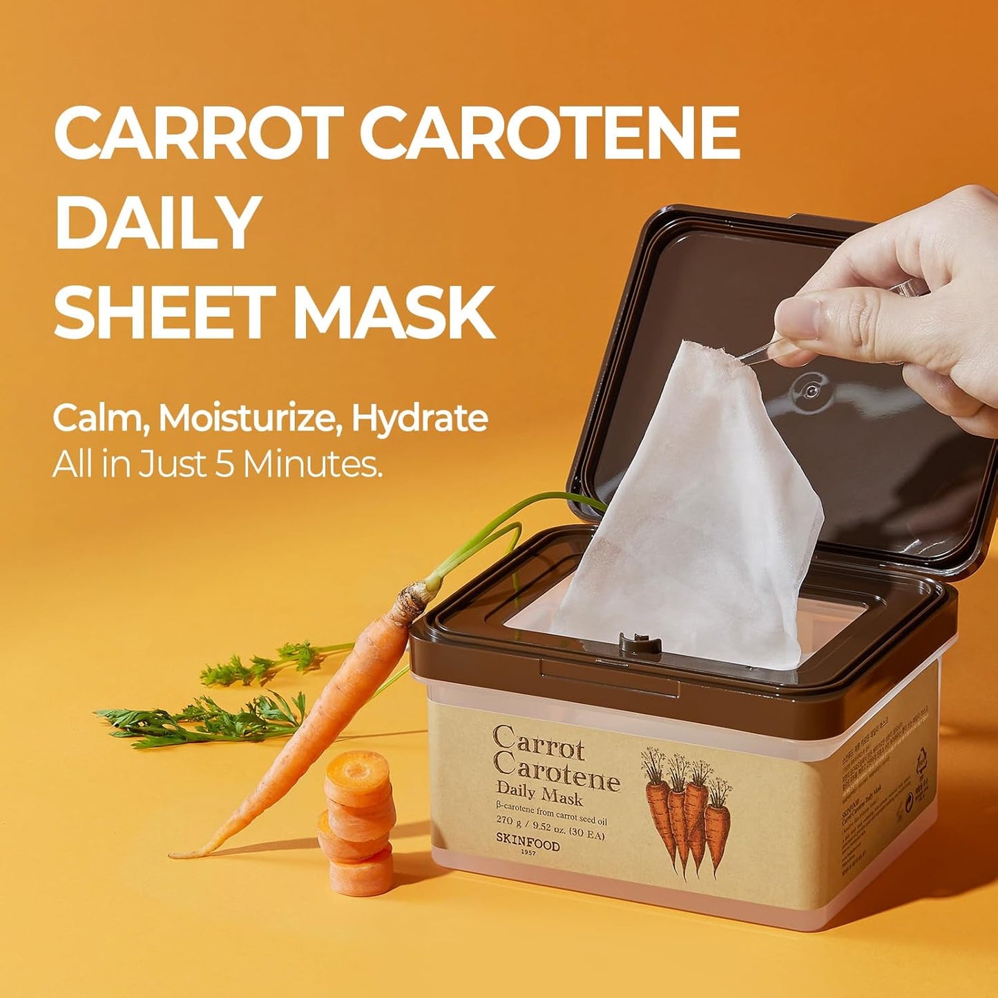 SKINFOOD Carrot Carotene Daily Sheet Mask - Quick Hydrating & Soothing Face Mask for Dry Skin | Bulk Pack of 30