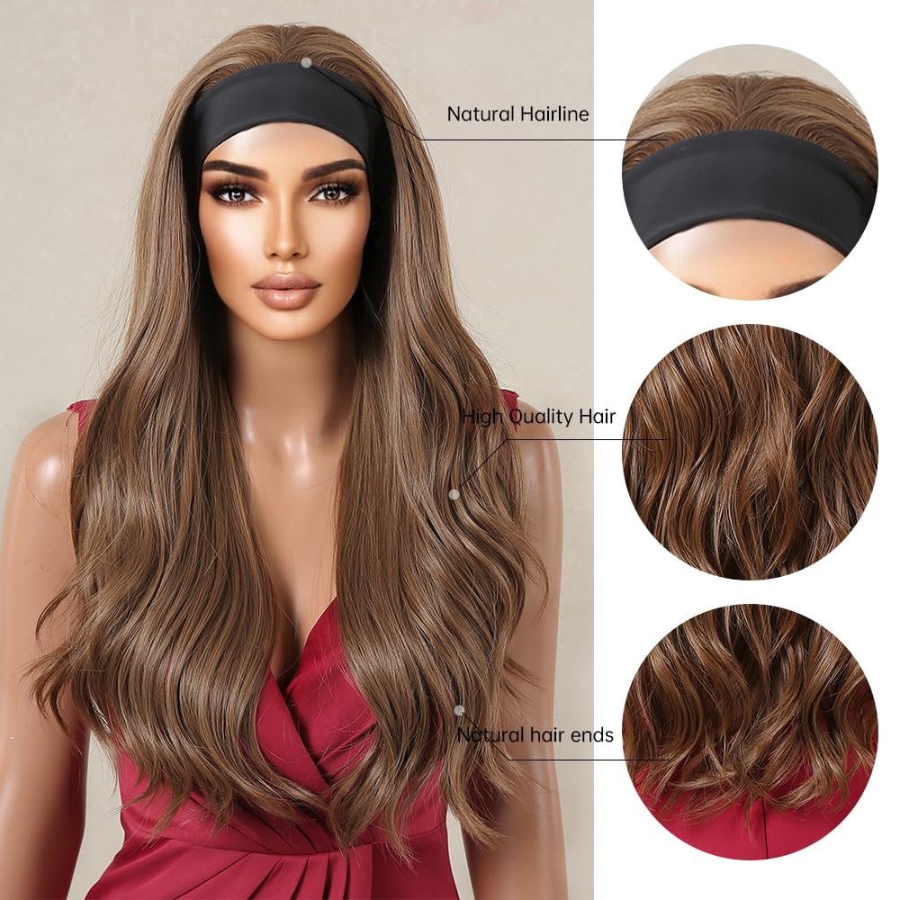 testar Headband Wig Body Wave Brown Wigs for Women Long Loose Wave Wavy Honey Brown Wigs Synthetic Wig Cosplay Hair Headband Wig