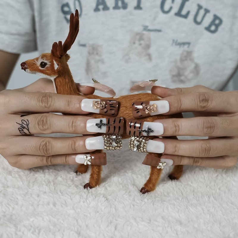Tesytto Long Duck Press On Nails, 3D Butterfly Cross Bear Tiger Stripe Rhinestone Bow Nude French Tip Acrylic Nails (Diamond Tiger Pattern, S)