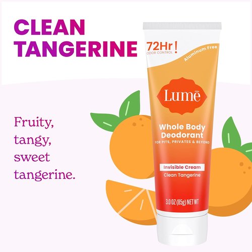 Lume Whole Body Deodorant - Invisible Cream Tube for 72-Hour Odor Control - Aluminum & Baking Soda Free - 3 oz (Clean Tangerine)