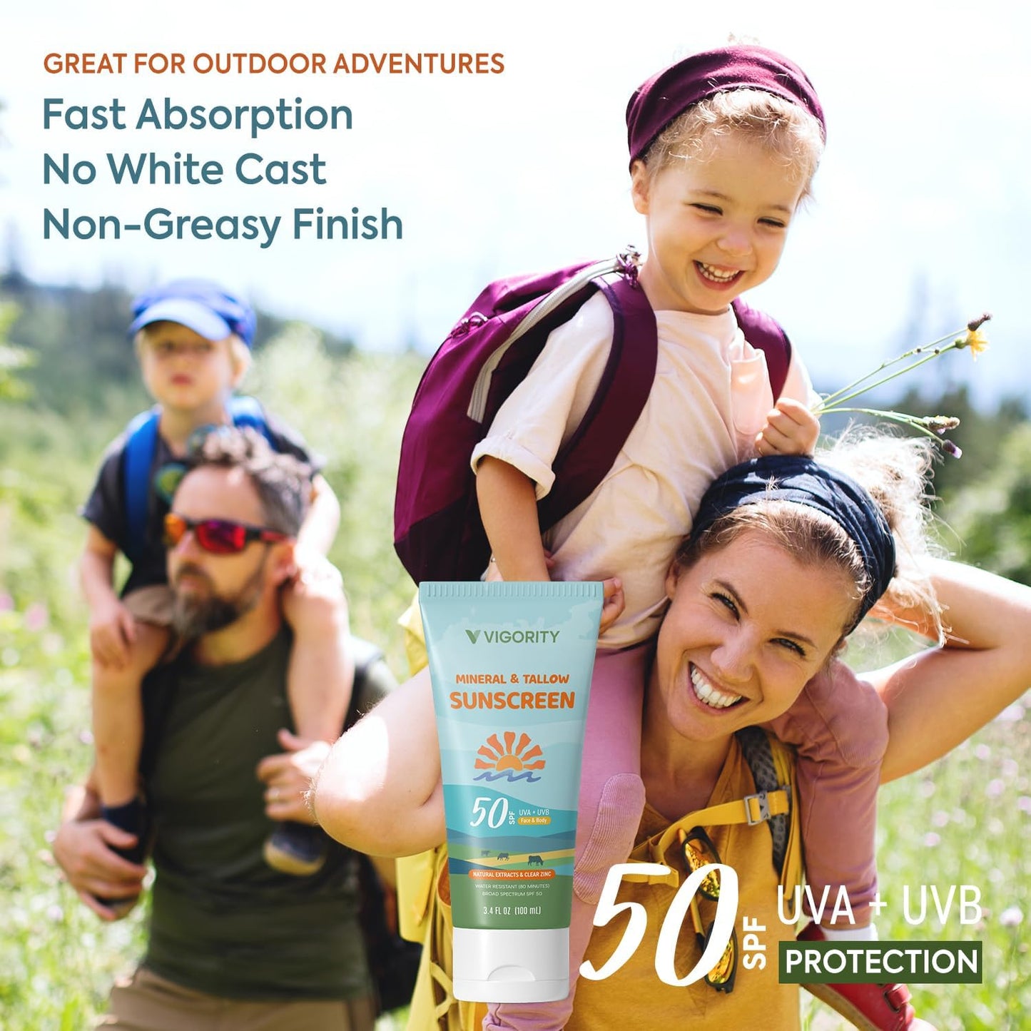 Vigority Tallow Sunscreen SPF 50 - Natural Grass-Fed Beef Tallow & Non-Nano Zinc Oxide | Moisturizing, Non-Greasy, Reef Safe for Adults & Kids (3.4 oz)