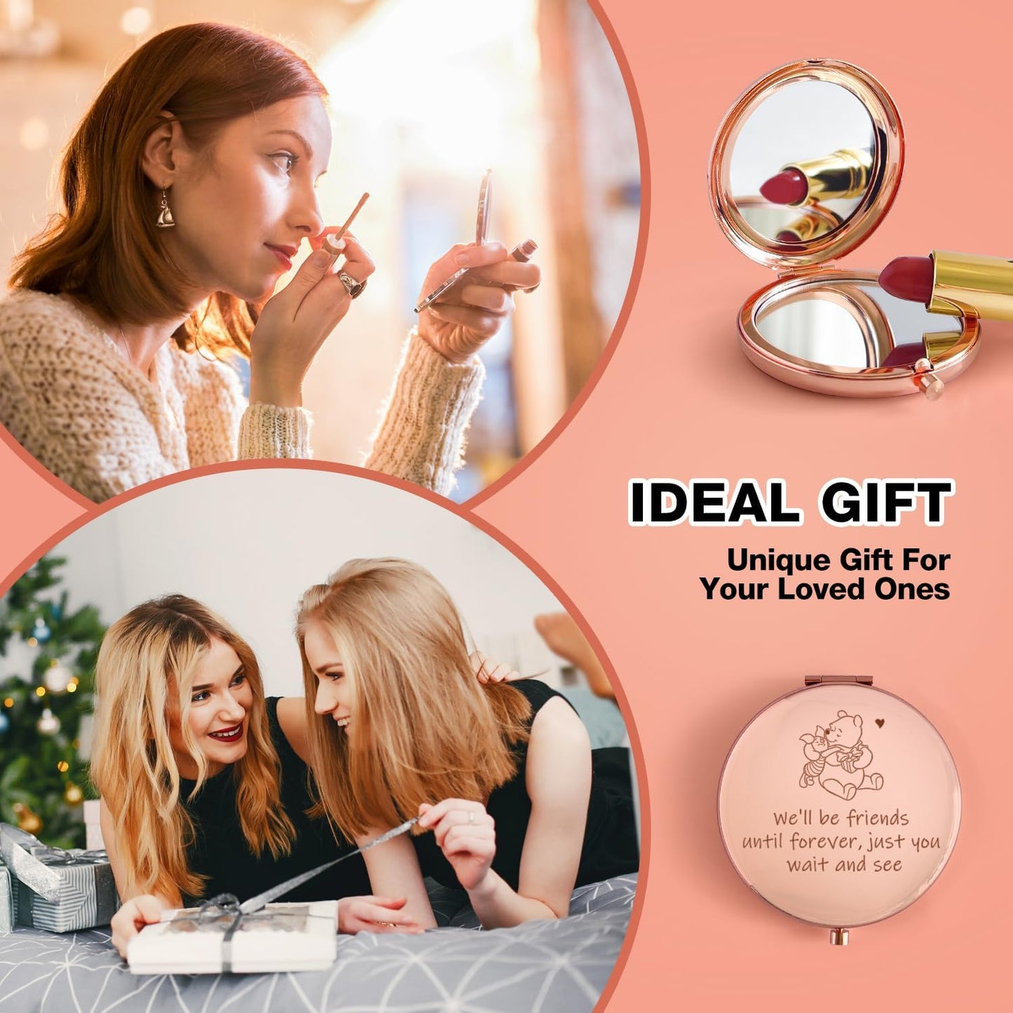 Winnie Compact Makeup Mirror - Engraved "We'll Be Friends Until Forever" - Perfect Gift for Sisters & Friends