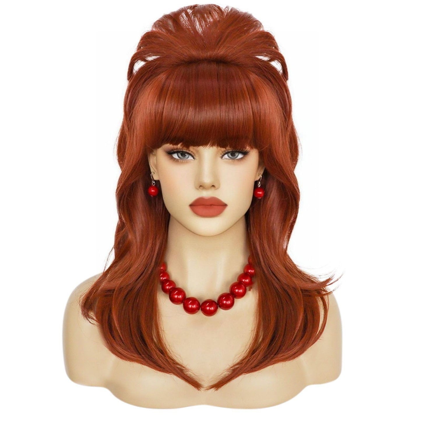 Anogol Hair Cap+5 Pcs Peggy Bundy Wig Auburn Beehive Wig with Pearl Necklace Earrings Bracelet 50s 60s 1950s 1960s Wigs for Women Red Housewife Wig Fembot Wigs for Cosplay Costume Halloween Party