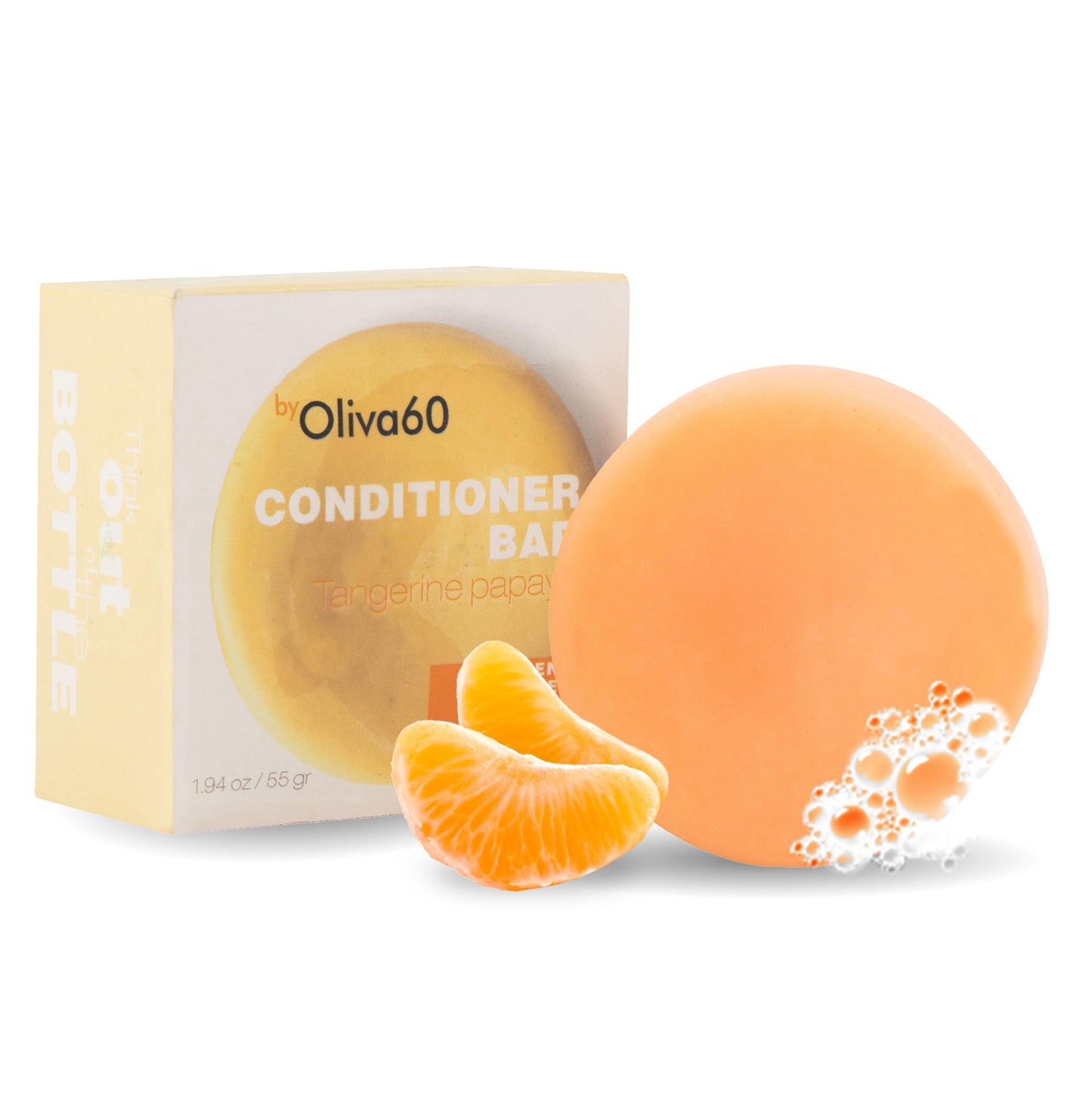 Conditioner Bar for Curly Hair | Tangerine Papaya | Extra Moisturizing | Hair Care - Frizz Control | Olive, Argan, Macadamia Oil, Shea Butter, Aloe Vera | Sulfate & Paraben Free | 1.94 oz | OLIVA 60