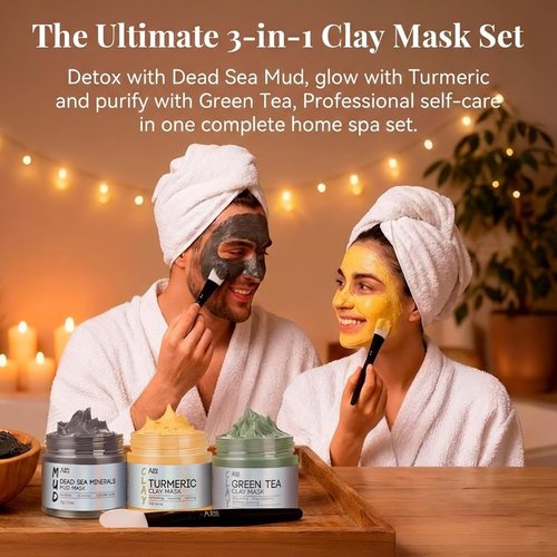 ANAI RUI Face Mask Set - Turmeric, Green Tea & Dead Sea Mud Masks for Oily Skin - Spa Gift Set for Women & Teens, 2.5 oz Each