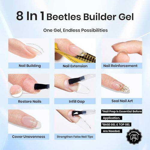 Beetles Builder Gel Kit-Dew Glow 2Pcs 0.51oz 8 in 1 Nail Extension Building Nail Apex Strengthener for Thin Nails with Liner Brush DIY Salon at Home for Beginners,UV & LED Lamp Needed