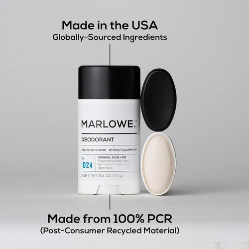 Marlowe. Men's Deodorant Stick - Aluminum Free, Clean Vegan Formula with Coconut Oil & Shea Butter, 2.5 oz - Fresh Sage & Fir Scent