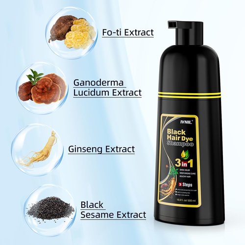 Ivnil Black Hair Dye Shampoo - 3 in 1 Semi-Permanent Color for Gray Coverage | Natural Herbal Formula