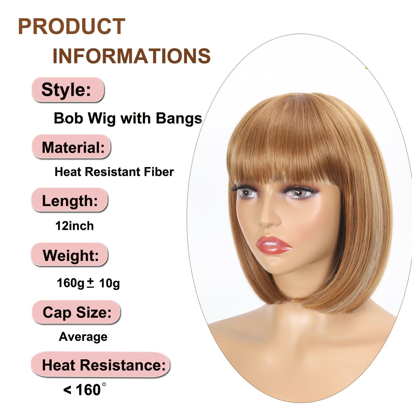 Yunkang Wig With Bangs 12 Inch Mix Brown Blonde color Bob Wig for Women Natural Looking Short Bob Wig With Bangs Heat Resistant Synthetic Hair Wig for Daily Party Cosplay (12inch, M-27/613)