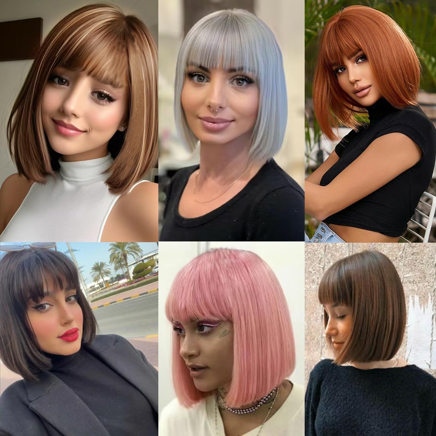 Yunkang Wig With Bangs 12 Inch Mix Brown Blonde color Bob Wig for Women Natural Looking Short Bob Wig With Bangs Heat Resistant Synthetic Hair Wig for Daily Party Cosplay (12inch, M-27/613)