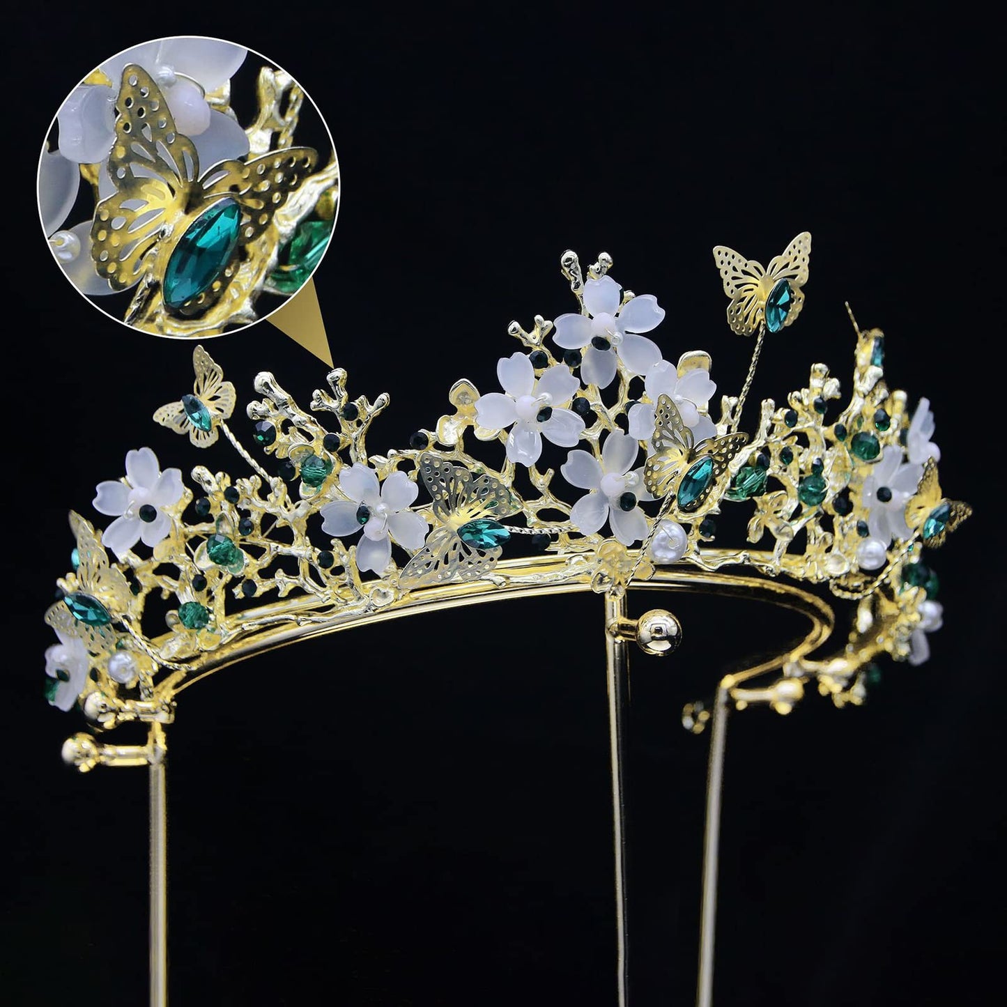 Brihasory Butterfly Queen Birthday Crowns Gold Tiaras for Bride, Crystal Royal Princess Wedding Rhinestone Headband, Costmue Party Christmas Halloween Black Prom Headpiece for Women and Girls (Green)