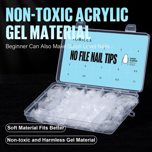 TOMICCA Short Almond Nail Tips - 450Pcs Acrylic Nail Tips Kit, 15 Sizes Pre Buffed Almond False Tips, Full Cover Double-sided Matte Nails for Nail Art Extension Press on Nails