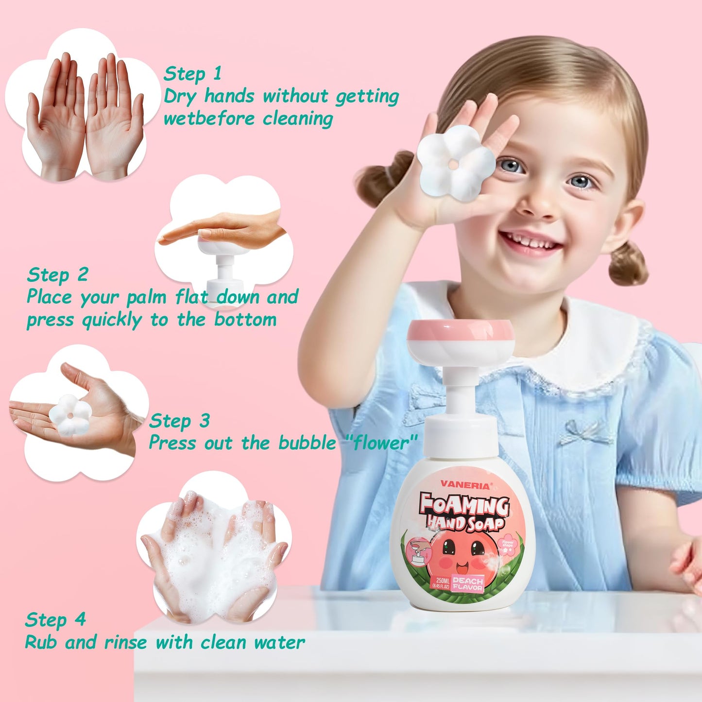 VANERIA Kids Foaming Hand Soap,Flower Stamp,Moisturizing and Gentle Hand Soap for Baby,Kids and Adults with Sensitive Skin 250ml/8.45 Fl Oz