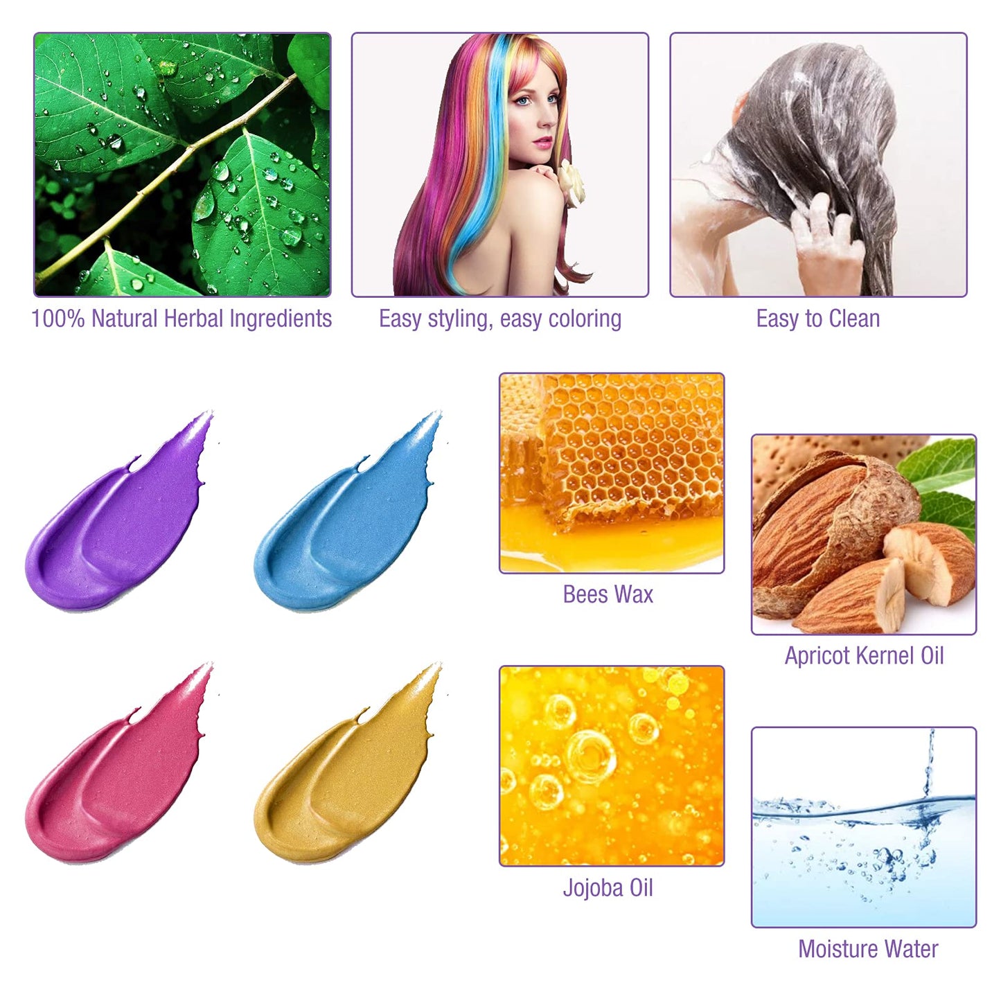 Temporary Hair Color for Kids, Ultikare Hair Dye Washable Natural Hair Wax Color Chalk Mud Cream DIY Hairstyle Clay For Dark Hair Halloween, Cosplay, Party, Christmas Gift Girls 3.4 Fl Oz (4 colors)