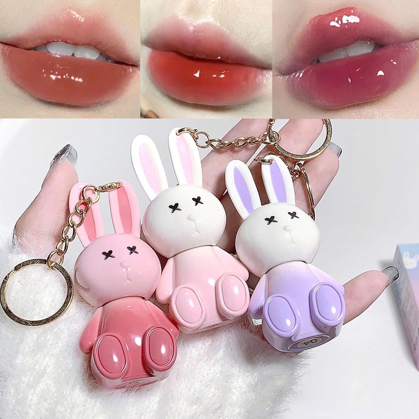 Skiennix 3-Piece Rabbit Keychain Jelly Lip Glaze Set - Moisturizing Crystal Lip Glow Gel & Sparkling Gloss
