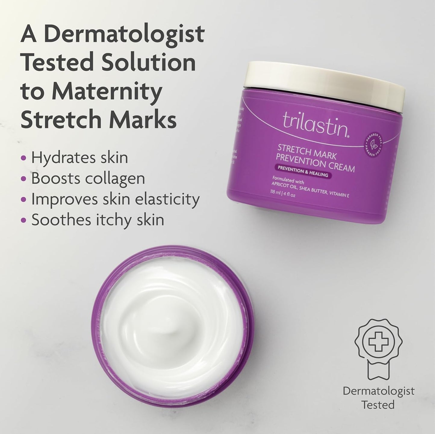 TriLASTIN Stretch Mark Cream - Hydrating Pregnancy Belly Lotion with Shea Butter & Vitamin E | Paraben-Free, Unscented - 4 oz, 3 Pack