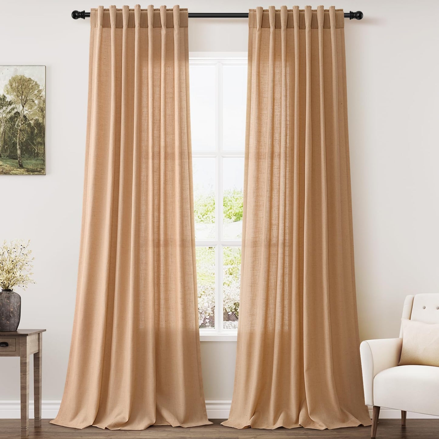 Nanspring Natural Linen Curtains for Kitchen Windows Over Sink - Cafe Curtain Semi Sheer with Rod Pocket and Back Tab Lightweight Rustic Textured Bistro Curtains for Bathroom, 2 Panels 25 x 24 Inch