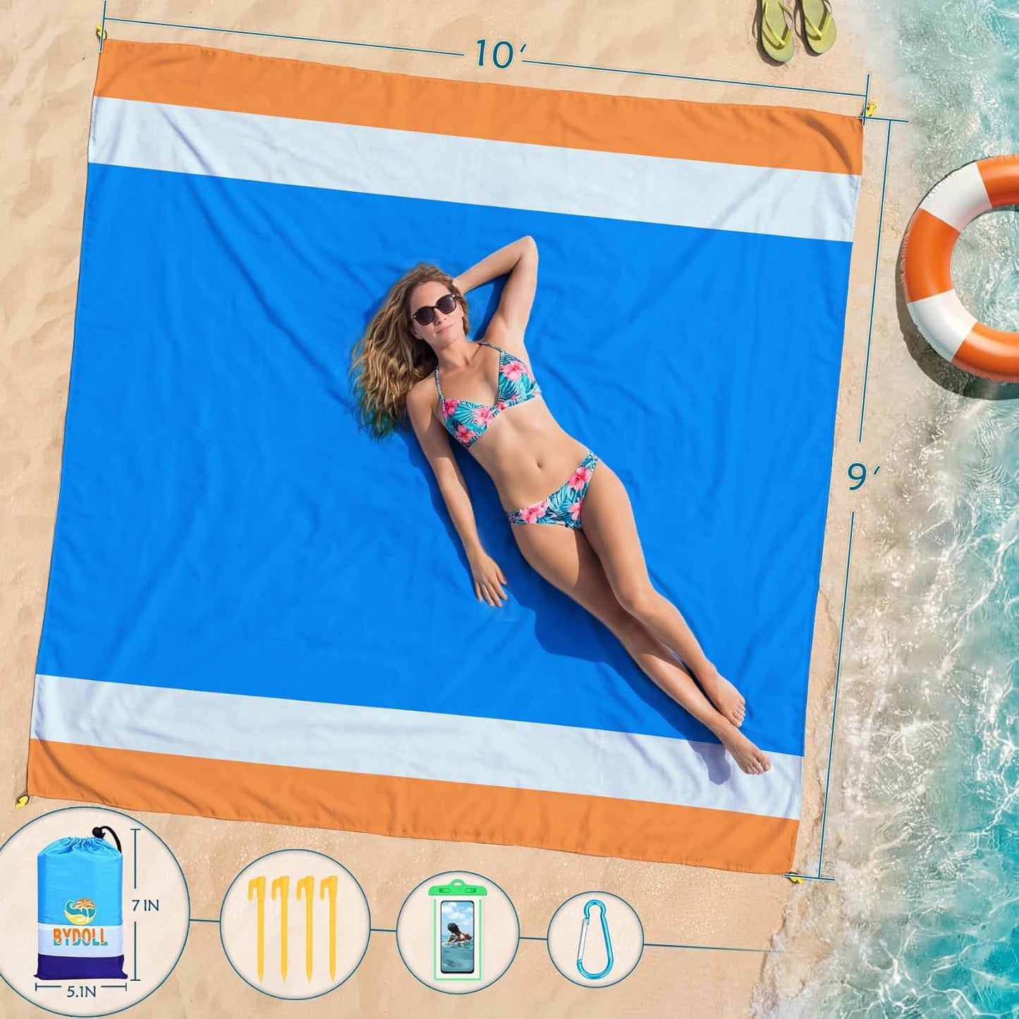 BYDOLL Beach Blanket - 10' x 9' Waterproof & Sandproof Oversized Mat for Travel, Camping & Picnics