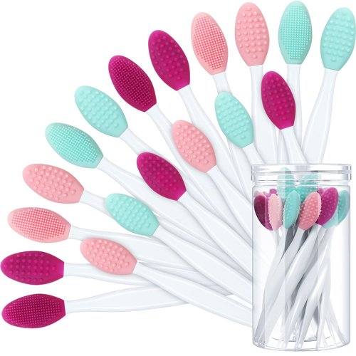 24 Pcs Silicone Exfoliating Lip Brush with Container, Double Sided Silicone Lip Scrubber Soft Cleaning Brush for Plump Smoother Appearance (Pink, Green, Purple)