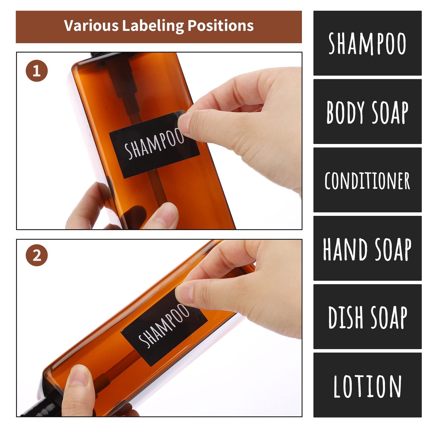 Segbeauty Shampoo Bottles, 3pcs 16.9oz 500ml Refillable Pump Dispenser with Labels, Empty Reusable Plastic Press Bathroom Hotel Shower Containers for Shampoo Conditioner Body Soap Hand Soap Gel Amber