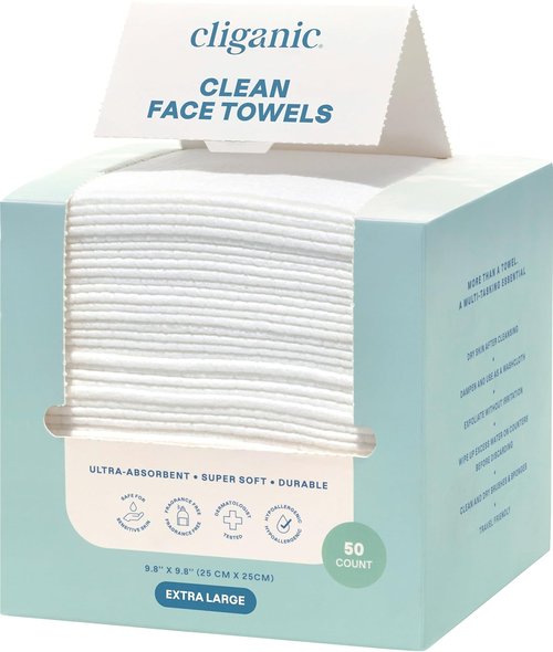 Cliganic Clean Face Towels - XL Disposable Ultra-Absorbent Hypoallergenic Makeup Remover Wipes | 50 Ct