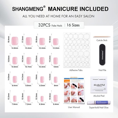 Pink Chrome Press on Nails Square - SHANGMENG Soft Gel Press on Nails Short for Women Gift, Glossy Stick on Nails with Glue in 16 Sizes - 32 Reusable Fake Nails, Aurora Light Pink