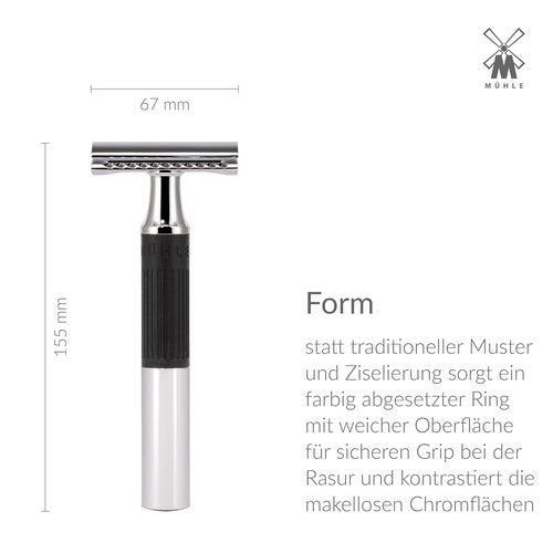 MÜHLE NEO Safety Razor - Double Edge Design for Beginners & Experts | Eco-Friendly Chrome with Black Grip