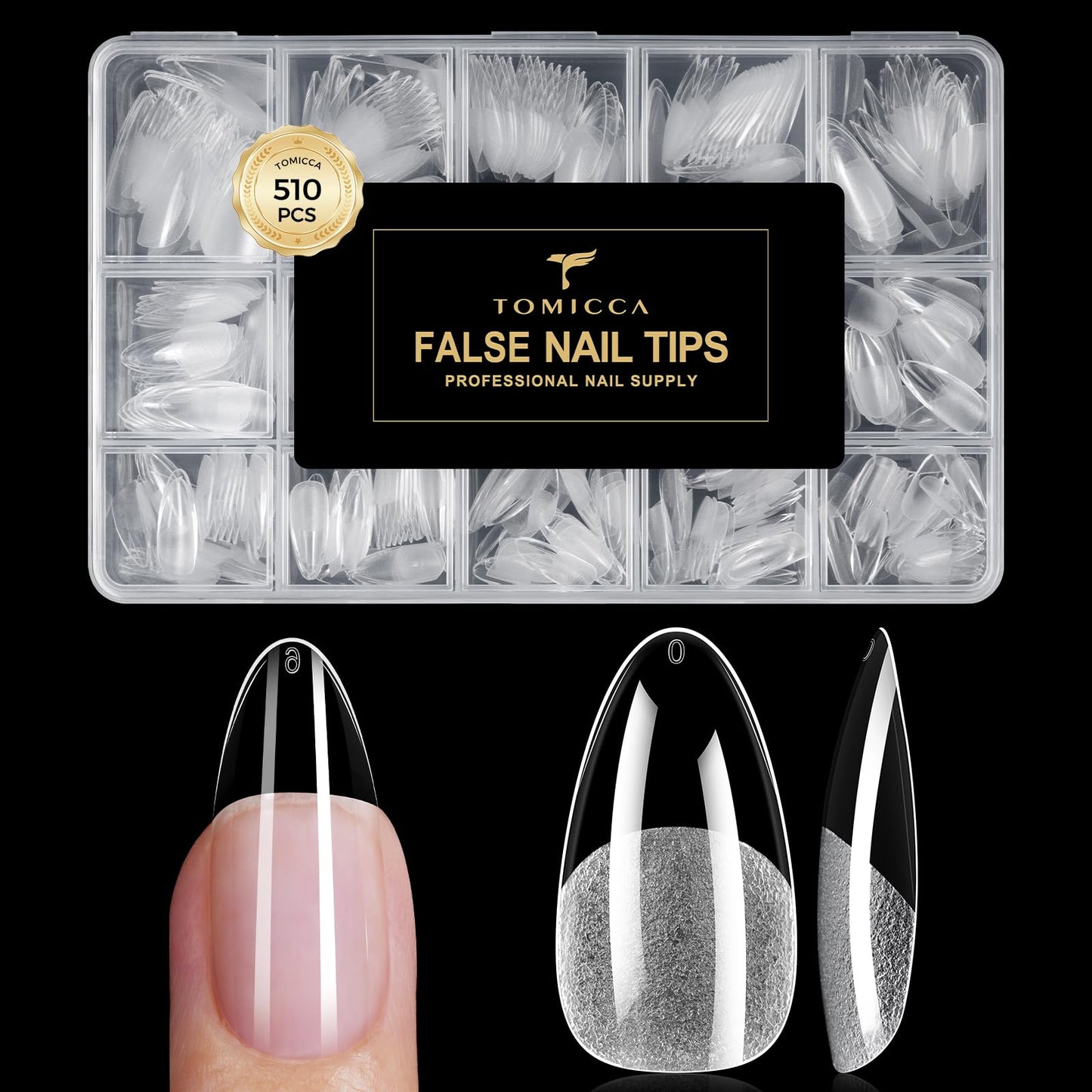 TOMICCA Medium Almond Nail Tips 510PCS, 15 Sizes Clear Nail Tips for Full Cover Half Matte Acrylic Nails, Nail Tips Almond Shaped for DIY Salon, Gel Nail Extension Tips for Beginners & Nail Techs