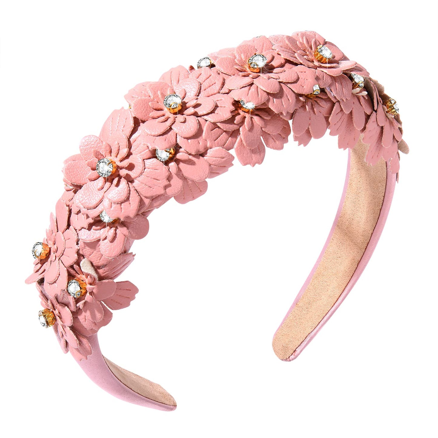 Padded Flower Crystal Headbands Leather Floral Hairband Rhinestone Embellished Wide Hair Hoop Solid Color Daisy Flower Hair Band Accessories for Women Girls Wedding Birthday Party