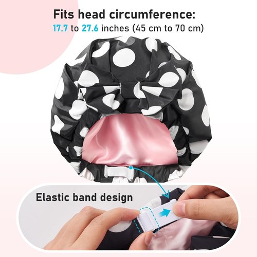 LitBear Luxury Silk Lined Shower Cap - Waterproof, Adjustable, Double Layered for Long & Short Hair - Black Dots