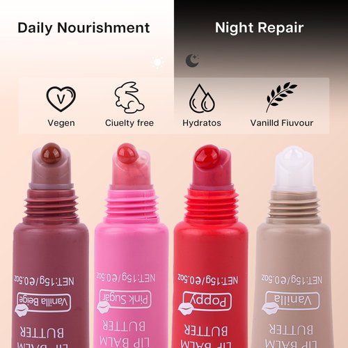 VRAIKO 2-in-1 Silky Lip Butter Balm & Lip Gloss, Hydration with Shea & Olive Oil Blend, Non-Sticky Moisture for Chapped Lips, Natural Ingredients (Vanilla Beige)