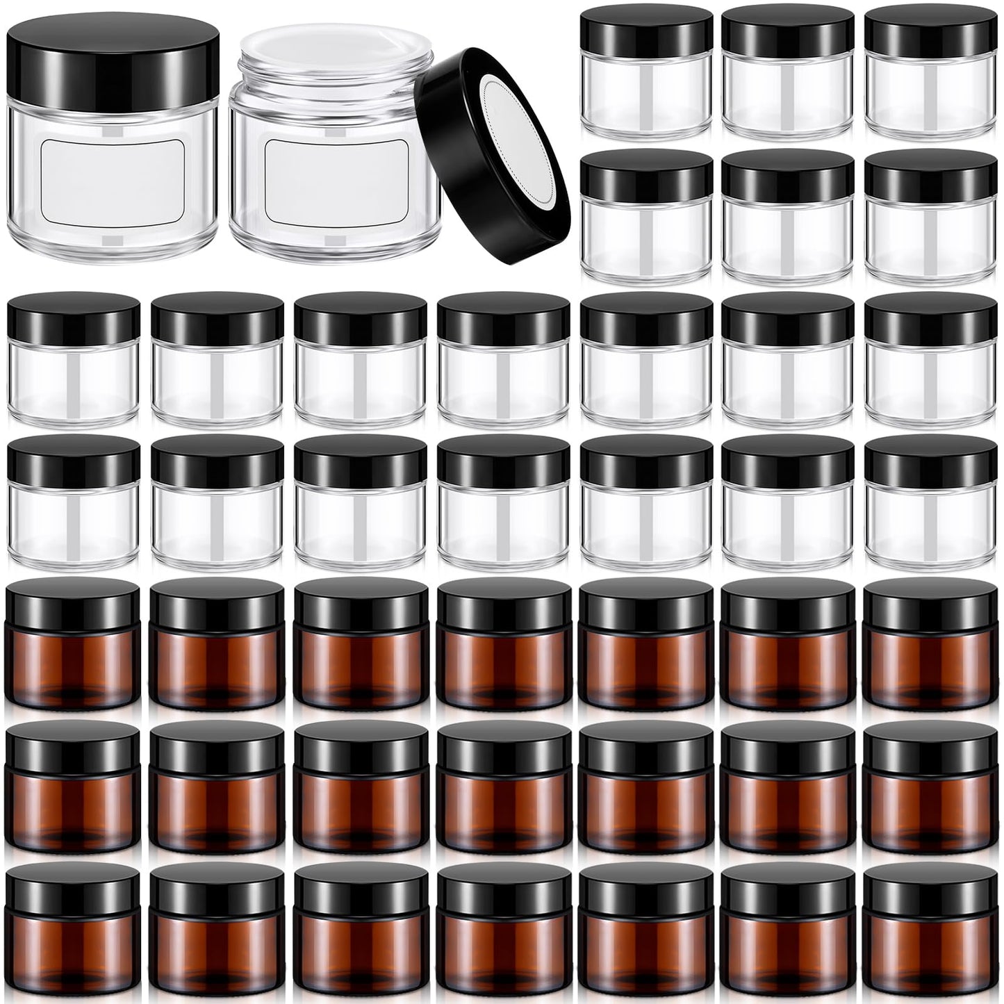 Layhit 60pcs 2 oz Glass Jars with Lids Empty Round Cosmetic Jars with Inner Liners White Labels for Storing Lotions Powders Ointments Candle Making (Clear,Amber,Black)