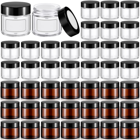 Layhit 60pcs 2 oz Glass Jars with Lids Empty Round Cosmetic Jars with Inner Liners White Labels for Storing Lotions Powders Ointments Candle Making (Clear,Amber,Black)