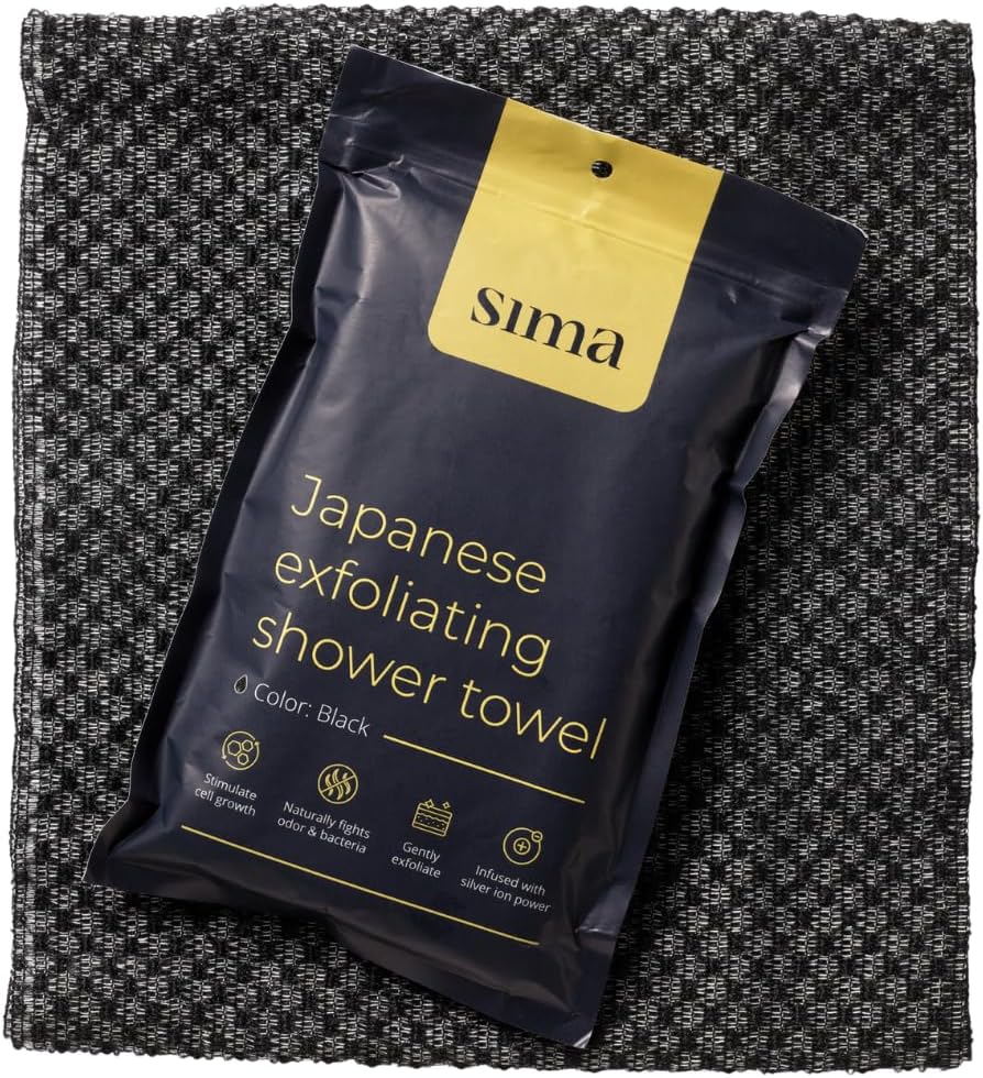 Sima Exfoliating Washcloth - Japanese Hexagon Fiber Body Scrubber Towel, Extra Long Dual-Sided (Black)