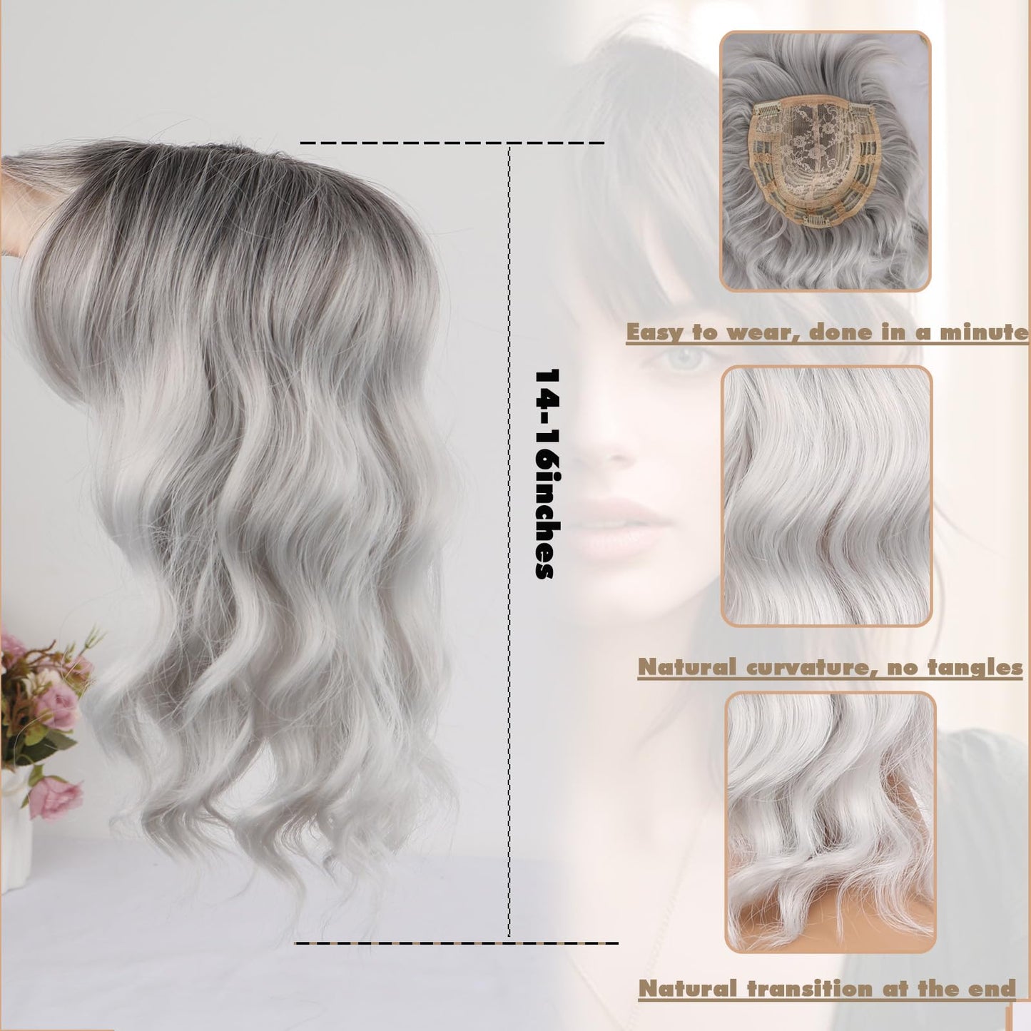 CINHOO Short Curly Wavy Grey Hair Toppers for Women with Thinning Hair,14inch Toppers Hair Pieces for Women Synthetic 360° 3D Hair Topper with Bangs Hair Clip in Bob Wigs for Women(Ombre gray)